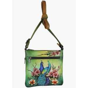 Anuschka Hand-Painted Leather Crossbody Bag Peacock Floral Boho Organizer Purse